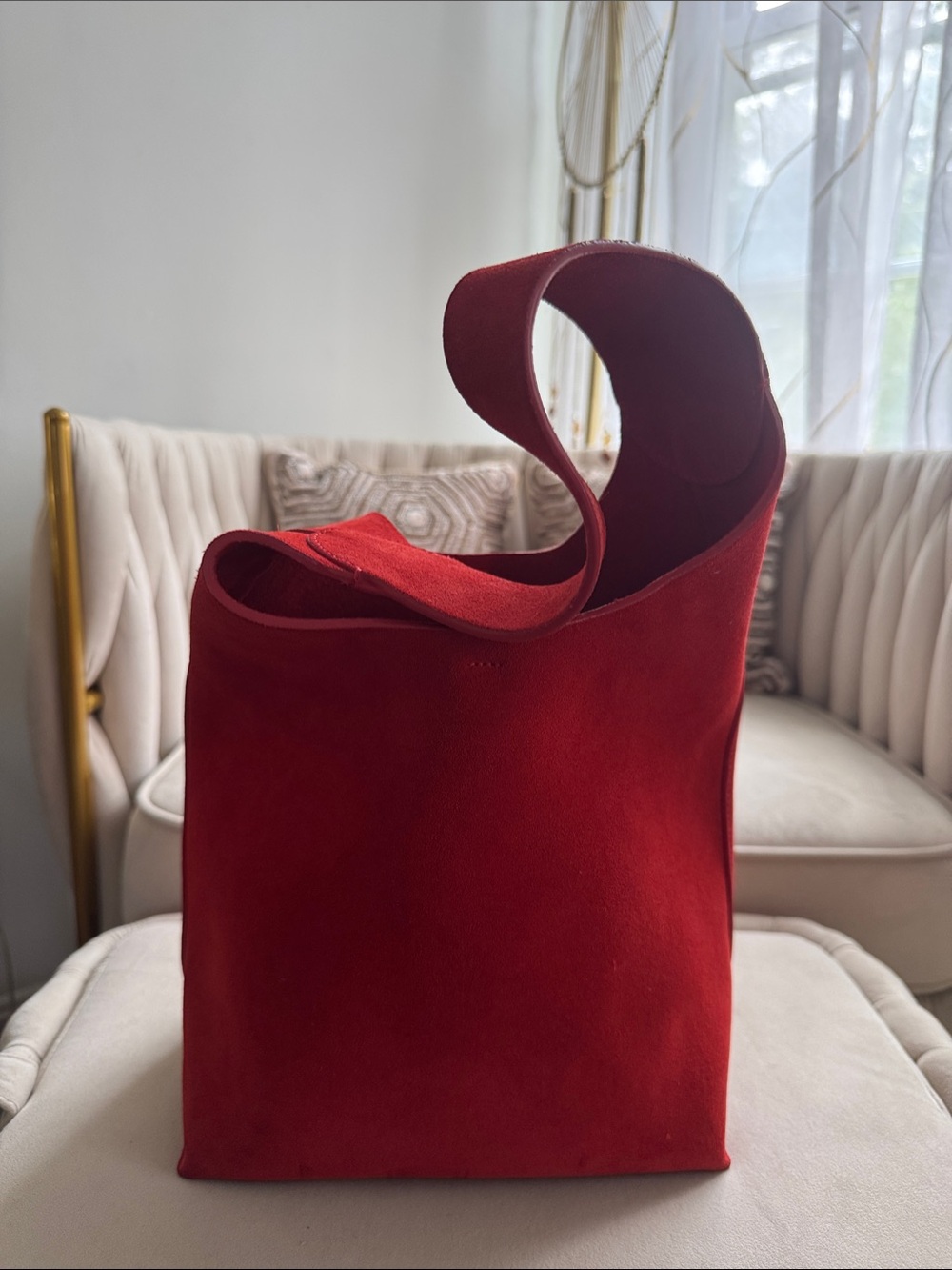 Red Suede Tote Bag - Minimal Women's Shoulder Bag